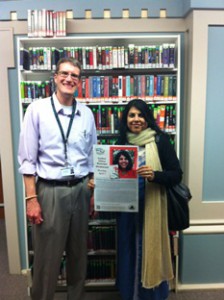 Chitra Divakaruni and a librarian pause for a picture before her talk at the Longview Public Library.